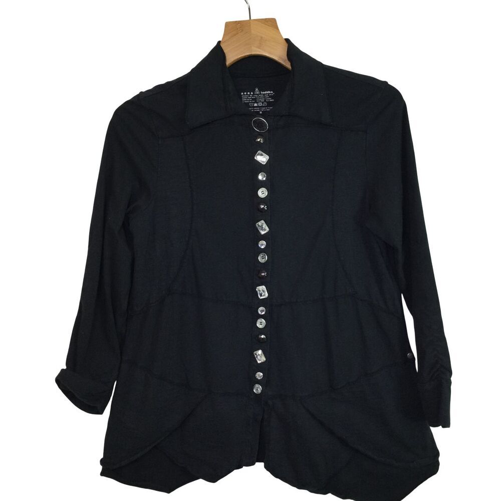 Neon Buddha Long Sleeve Ruffle Embellished Buttons Blouse Top Black Medium
